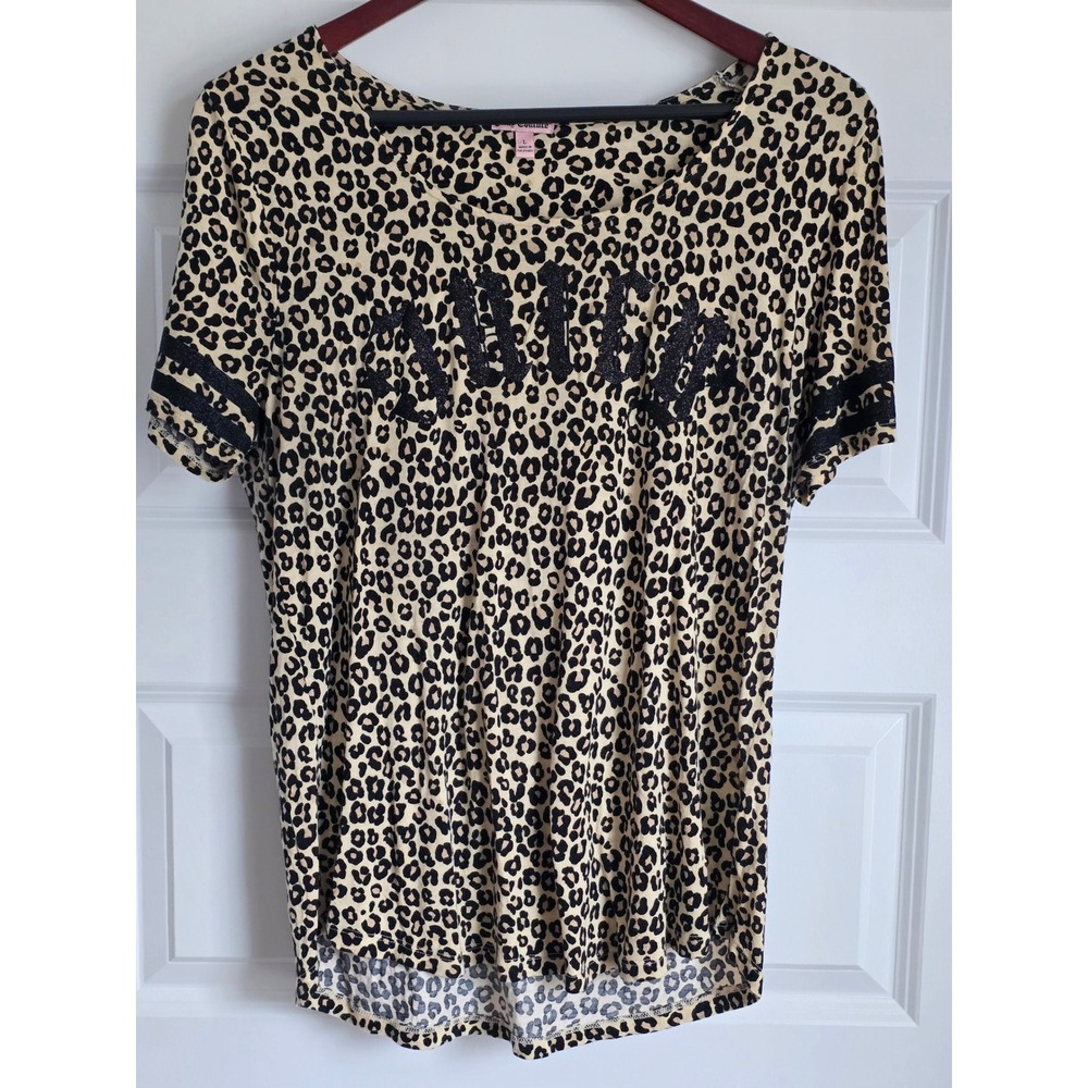 Juicy Couture Leopard Print T-Shirt Large Glitter Logo High Low Scoop Neck Top